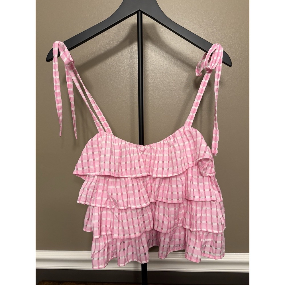Meet Me In Santorini Ruffle Shoulder Tie Crop Top Plaid Harley Pink White Sz XS